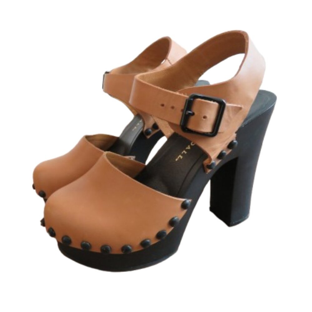 LOEFFLER RANDALL Claudelie Platform Heeled Studded Clog Shoes Tan Leather Sz 6.5